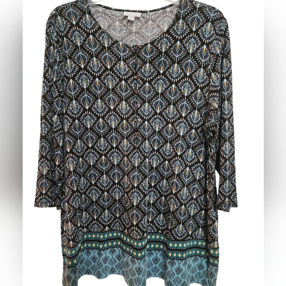 J.Jill Blue Black Fan Pattern Knit Popover Blouse Sz LG